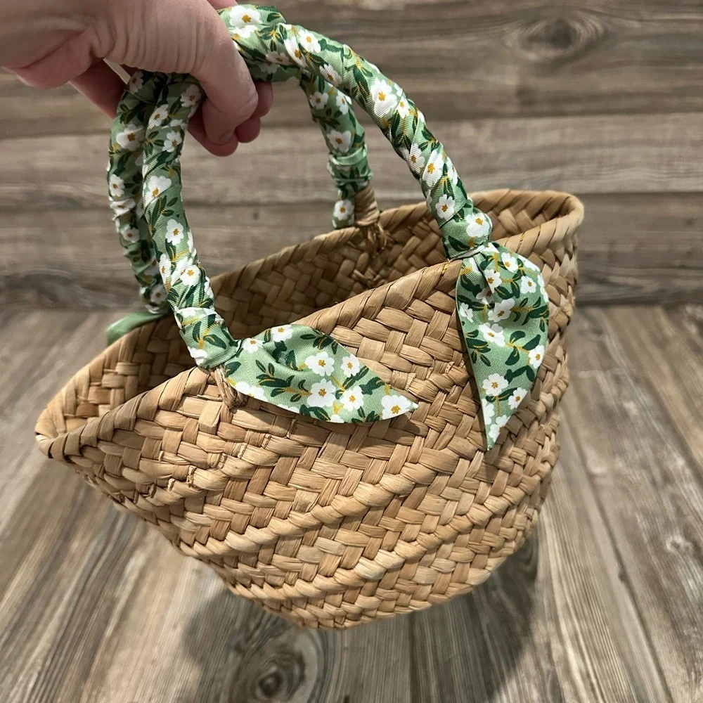Kayu Green Floral Mini Natalie Woven Straw Tote with Green Scarf-Handle